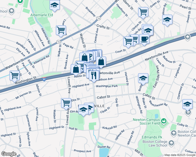 map of restaurants, bars, coffee shops, grocery stores, and more near 345 Walnut Street in Newton