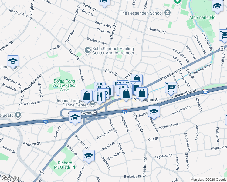 map of restaurants, bars, coffee shops, grocery stores, and more near 1321 Washington Street in Newton