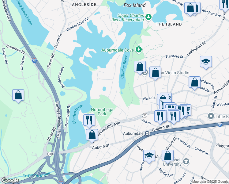 map of restaurants, bars, coffee shops, grocery stores, and more near 17 Duffield Road in Newton