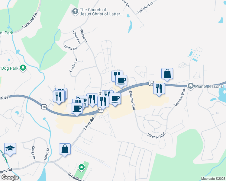 map of restaurants, bars, coffee shops, grocery stores, and more near 596 Boston Post Road East in Marlborough