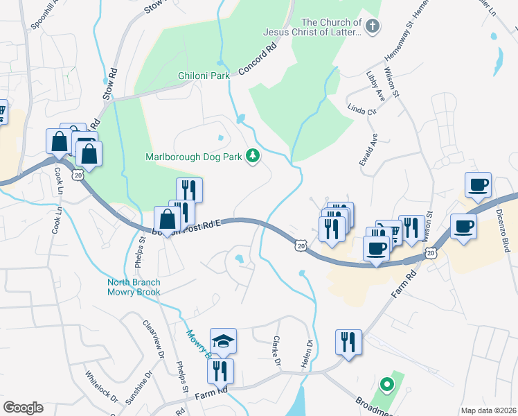 map of restaurants, bars, coffee shops, grocery stores, and more near 293 Boston Post Road East in Marlborough