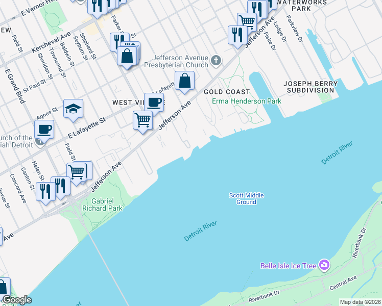 map of restaurants, bars, coffee shops, grocery stores, and more near 8100 East Jefferson Avenue in Detroit
