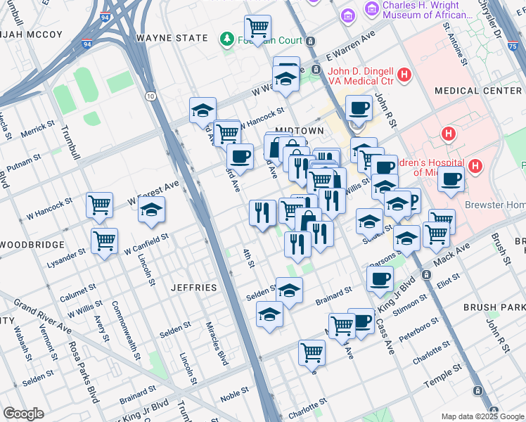 map of restaurants, bars, coffee shops, grocery stores, and more near 700 West Willis Street in Detroit
