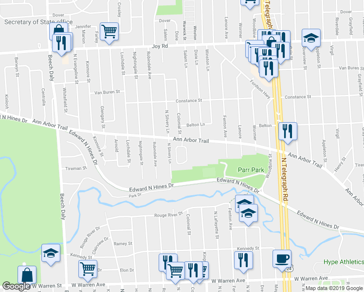 map of restaurants, bars, coffee shops, grocery stores, and more near 173 Legacy Park Circle in Dearborn Heights