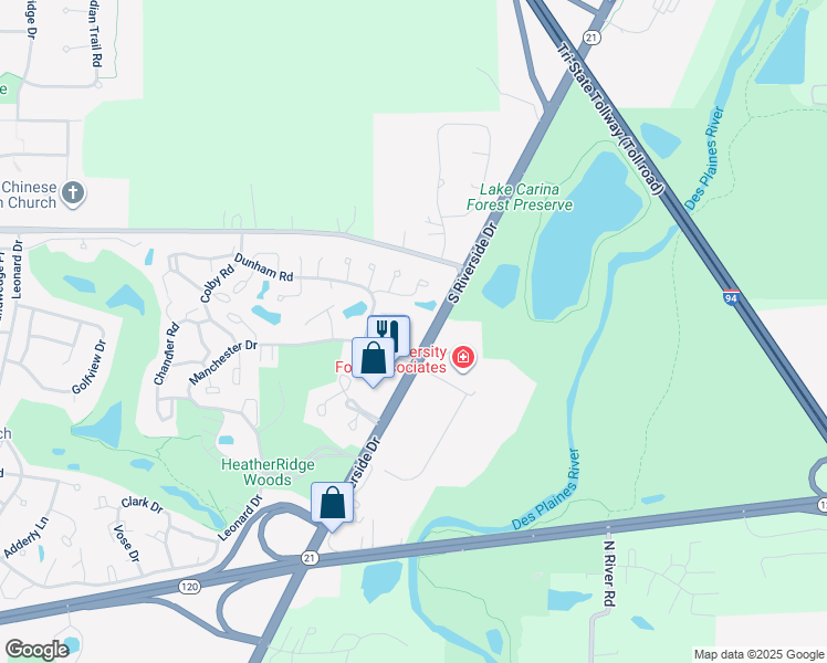 map of restaurants, bars, coffee shops, grocery stores, and more near 691 South Riverside Drive in Gurnee
