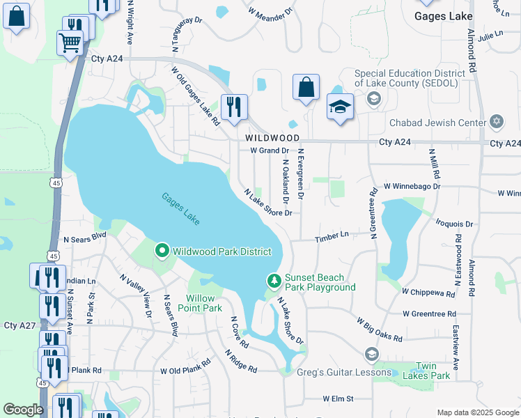 map of restaurants, bars, coffee shops, grocery stores, and more near 33500 North Lake Shore Drive in Grayslake