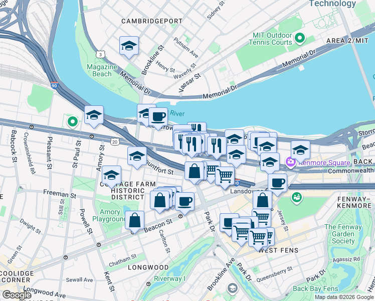 map of restaurants, bars, coffee shops, grocery stores, and more near Commonwealth Ave & St Marys St in Boston