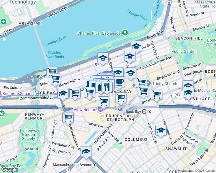 map of restaurants, bars, coffee shops, grocery stores, and more near 219 Newbury Street in Boston