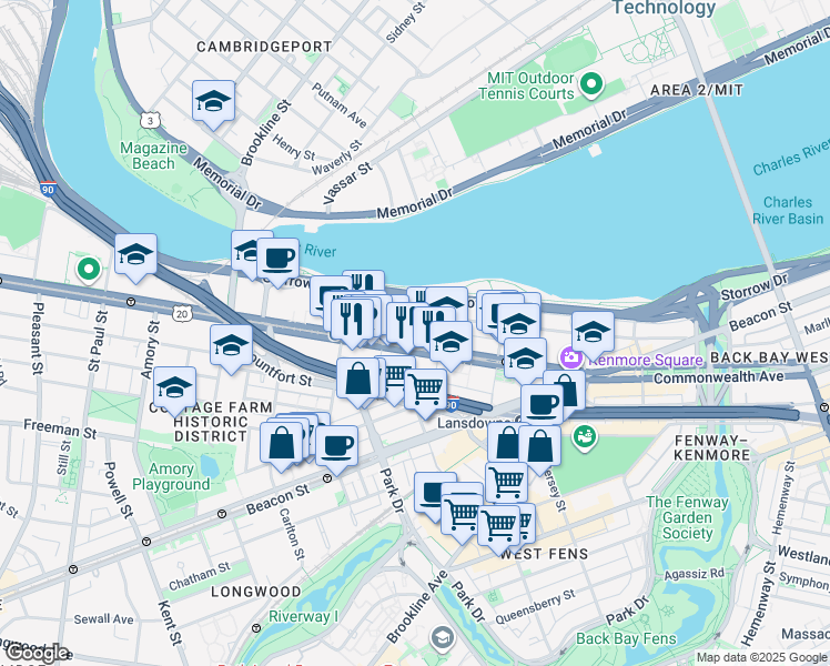 map of restaurants, bars, coffee shops, grocery stores, and more near 675 Commonwealth Avenue in Boston