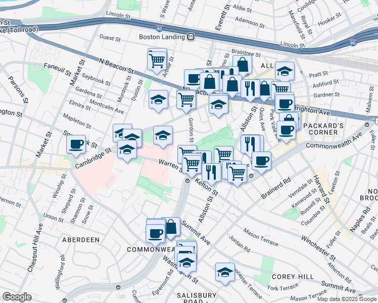 map of restaurants, bars, coffee shops, grocery stores, and more near 103 Gordon Street in Boston