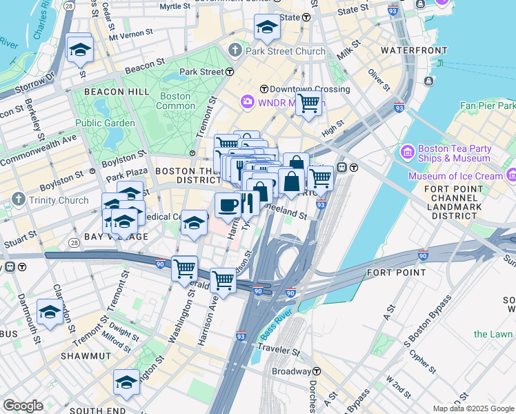 map of restaurants, bars, coffee shops, grocery stores, and more near Holland Place in Boston