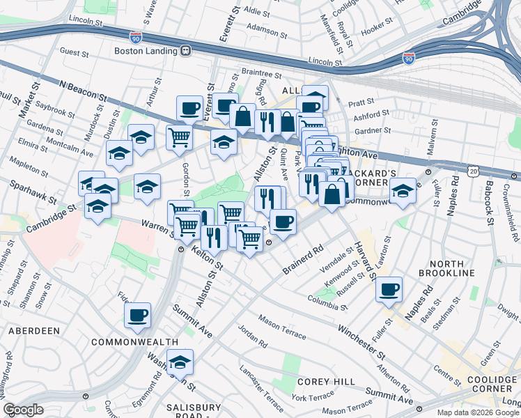 map of restaurants, bars, coffee shops, grocery stores, and more near 28 Long Avenue in Boston