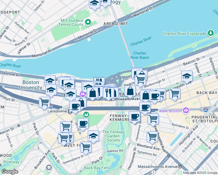 map of restaurants, bars, coffee shops, grocery stores, and more near 483 Commonwealth Avenue in Boston