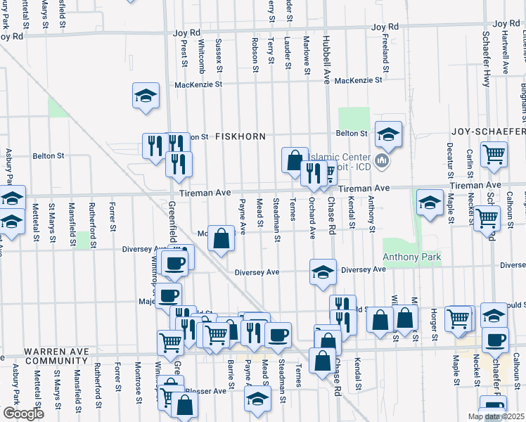 map of restaurants, bars, coffee shops, grocery stores, and more near 7904 Mead Street in Dearborn