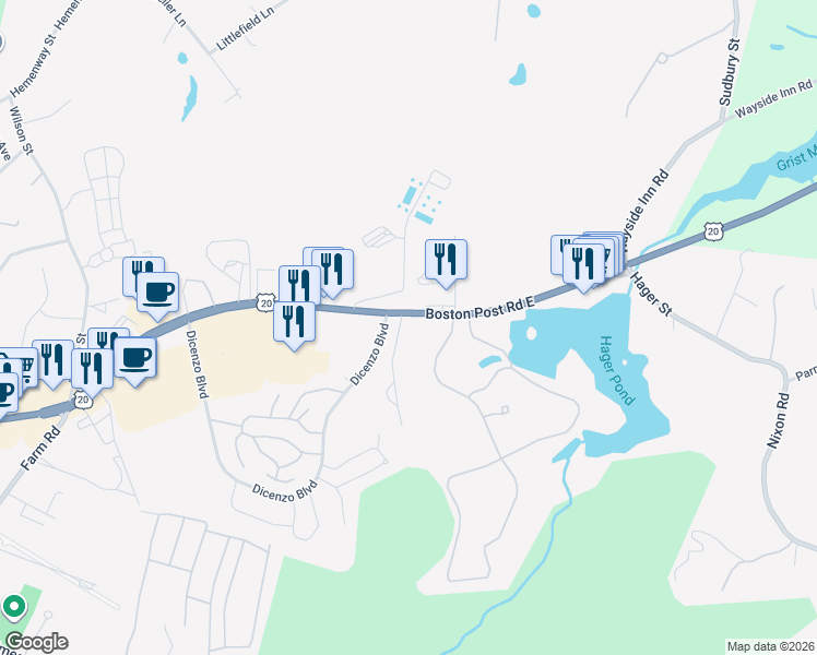 map of restaurants, bars, coffee shops, grocery stores, and more near 849 Boston Post Road East in Marlborough