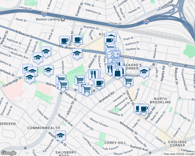 map of restaurants, bars, coffee shops, grocery stores, and more near 66 Glenville Avenue in Boston