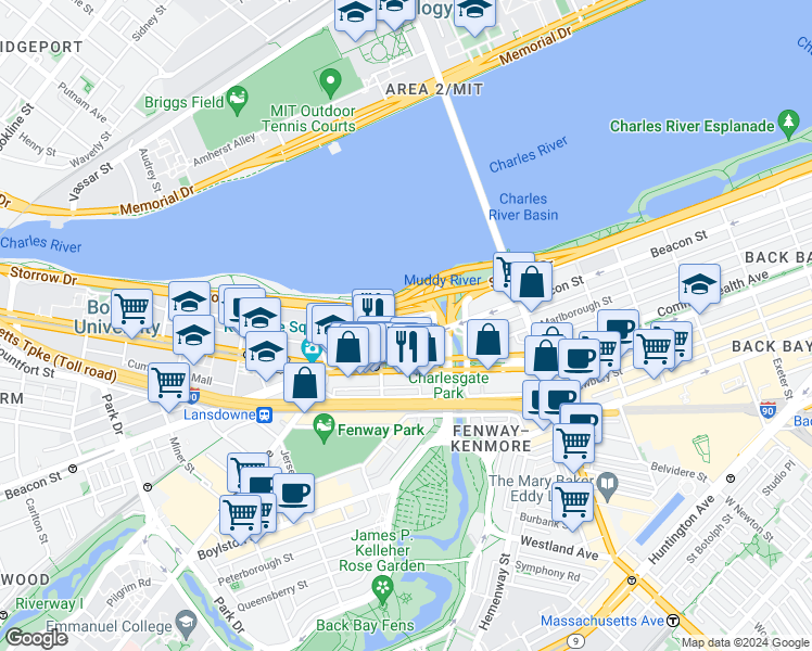 map of restaurants, bars, coffee shops, grocery stores, and more near 483 Commonwealth Avenue in Boston