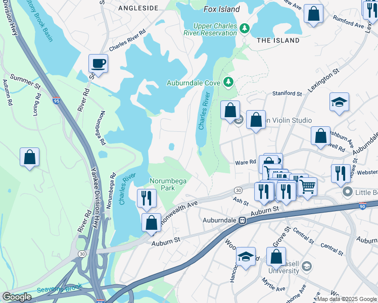 map of restaurants, bars, coffee shops, grocery stores, and more near 17 Duffield Road in Newton