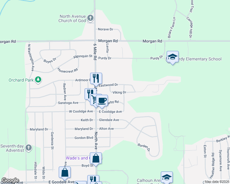 map of restaurants, bars, coffee shops, grocery stores, and more near 147 Derby Road in Battle Creek
