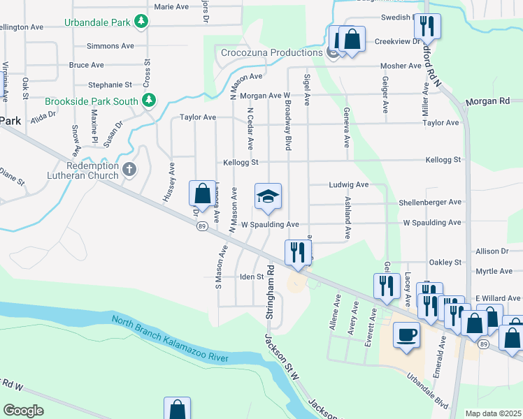 map of restaurants, bars, coffee shops, grocery stores, and more near 65 North Woodlawn Avenue in Battle Creek