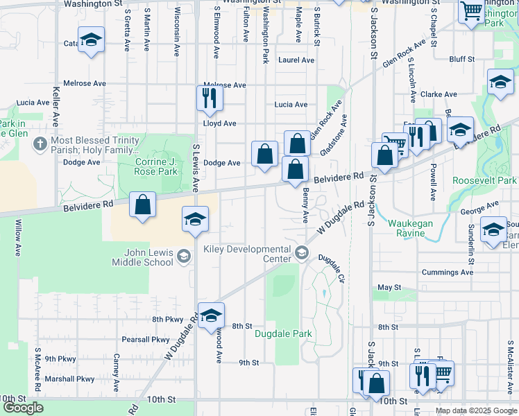 map of restaurants, bars, coffee shops, grocery stores, and more near 576 Washington Park in Waukegan