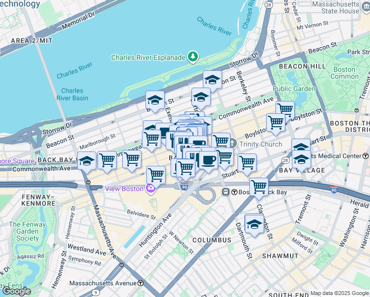 map of restaurants, bars, coffee shops, grocery stores, and more near in Boston
