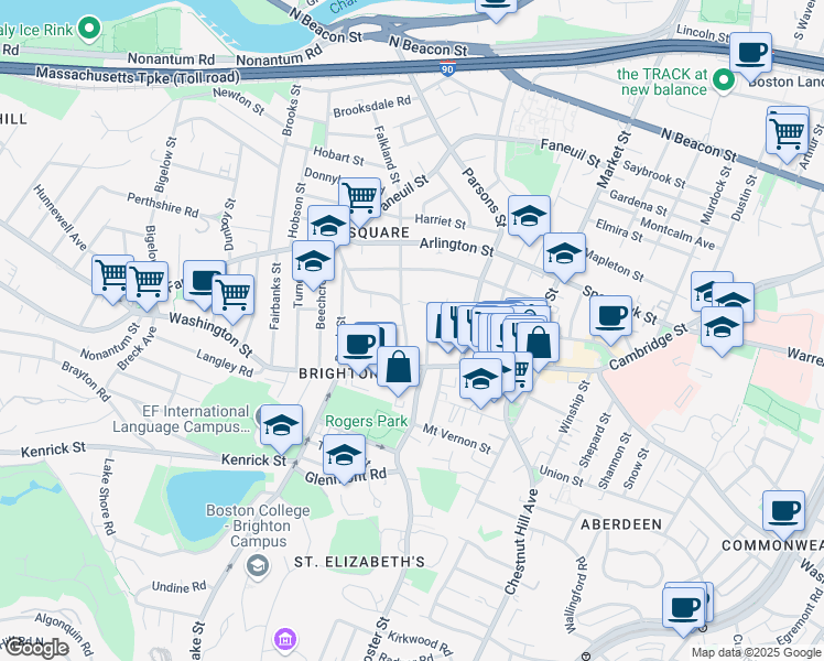 map of restaurants, bars, coffee shops, grocery stores, and more near 25 Oakland Street in Boston