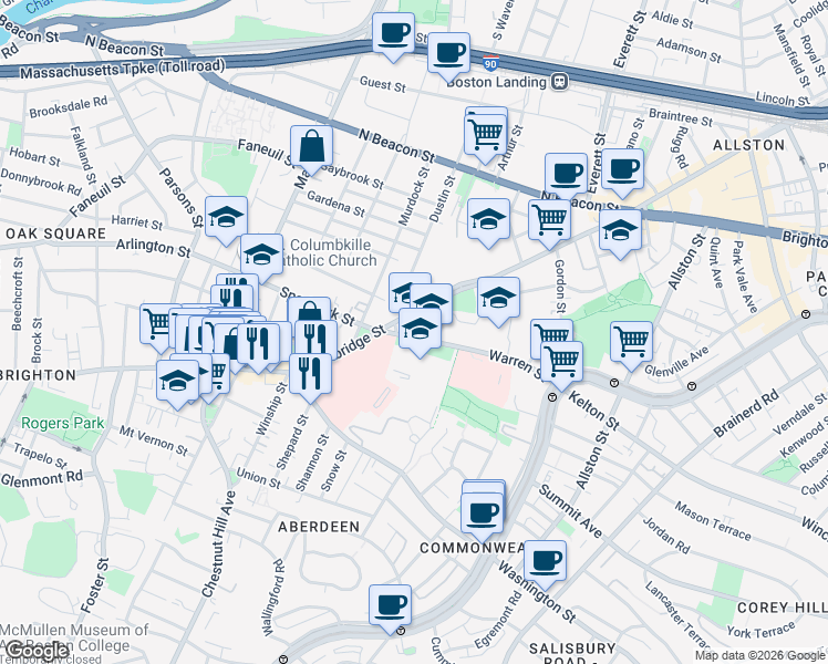 map of restaurants, bars, coffee shops, grocery stores, and more near 20 Warren Street in Boston