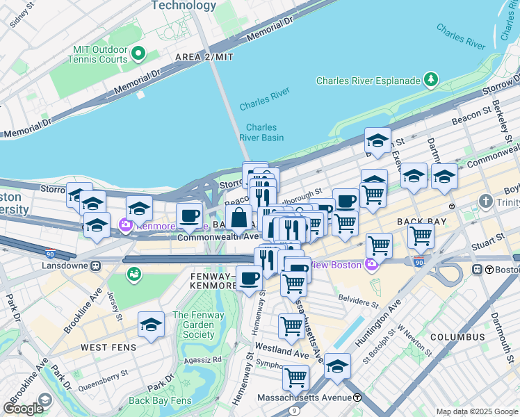 map of restaurants, bars, coffee shops, grocery stores, and more near 377 Commonwealth Avenue in Boston