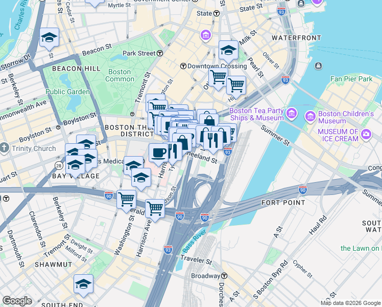 map of restaurants, bars, coffee shops, grocery stores, and more near 117 Kneeland Street in Boston