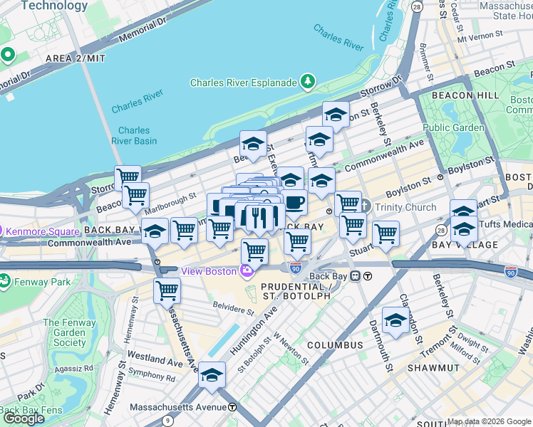 map of restaurants, bars, coffee shops, grocery stores, and more near 240 Newbury Street in Boston