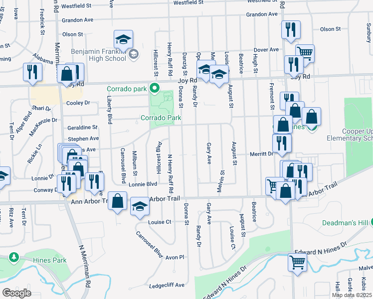 map of restaurants, bars, coffee shops, grocery stores, and more near 8213 Donna Street in Westland