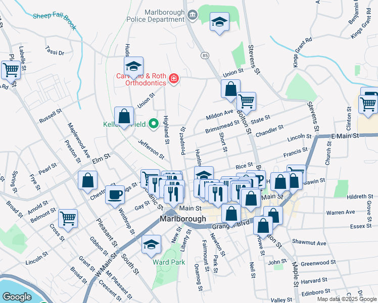 map of restaurants, bars, coffee shops, grocery stores, and more near 15 Estabrook Avenue in Marlborough