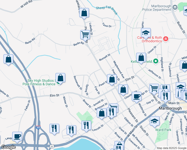 map of restaurants, bars, coffee shops, grocery stores, and more near 46 Boudreau Avenue in Marlborough