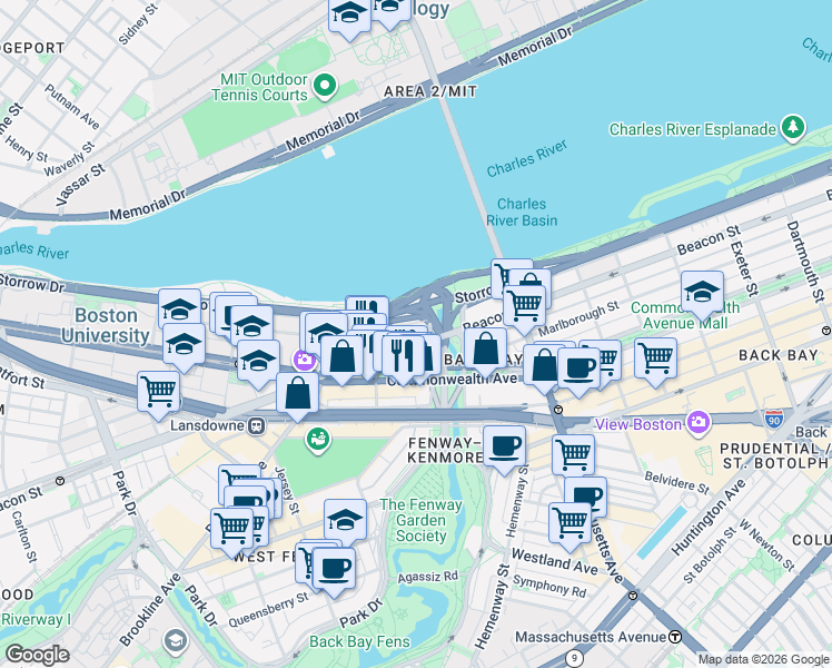 map of restaurants, bars, coffee shops, grocery stores, and more near 483 Commonwealth Avenue in Boston