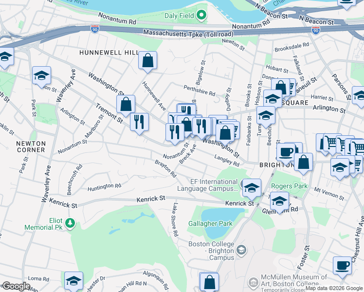 map of restaurants, bars, coffee shops, grocery stores, and more near 35 Nonantum Street in Boston