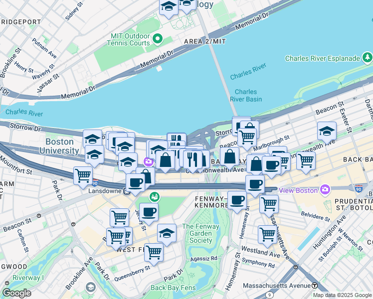 map of restaurants, bars, coffee shops, grocery stores, and more near 35 Bay State Road in Boston