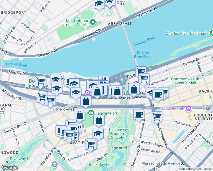 map of restaurants, bars, coffee shops, grocery stores, and more near 45 Bay State Road in Boston
