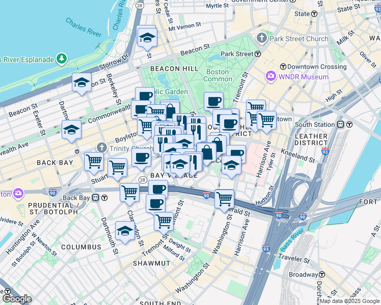 map of restaurants, bars, coffee shops, grocery stores, and more near 14 Cocoanut Grove Lane in Boston