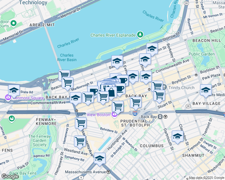 map of restaurants, bars, coffee shops, grocery stores, and more near 267 Newbury Street in Boston