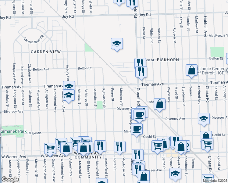 map of restaurants, bars, coffee shops, grocery stores, and more near 7775 Forrer Street in Detroit