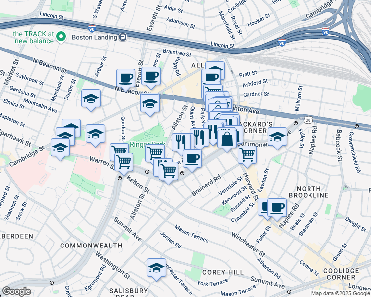 map of restaurants, bars, coffee shops, grocery stores, and more near 66 Glenville Avenue in Boston
