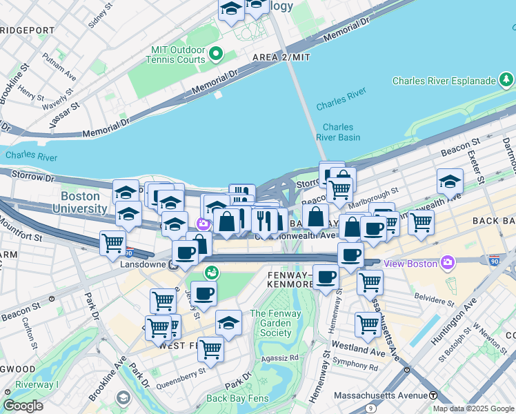 map of restaurants, bars, coffee shops, grocery stores, and more near 483 Commonwealth Avenue in Boston