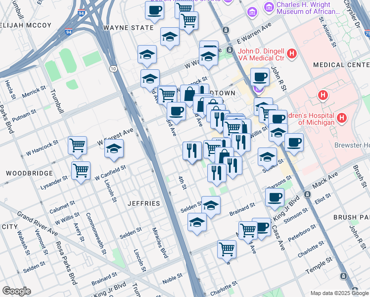 map of restaurants, bars, coffee shops, grocery stores, and more near 4255 3rd Avenue in Detroit