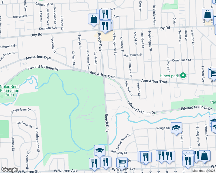 map of restaurants, bars, coffee shops, grocery stores, and more near 25668 Ridgeway Street in Dearborn Heights