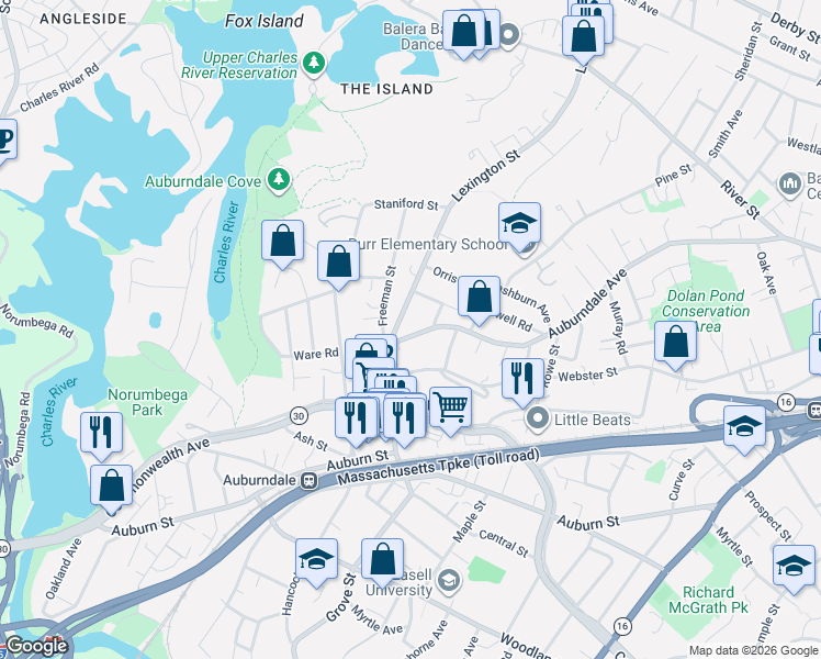 map of restaurants, bars, coffee shops, grocery stores, and more near 349 Auburndale Avenue in Newton