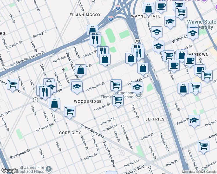 map of restaurants, bars, coffee shops, grocery stores, and more near 4707 Commonwealth Street in Detroit