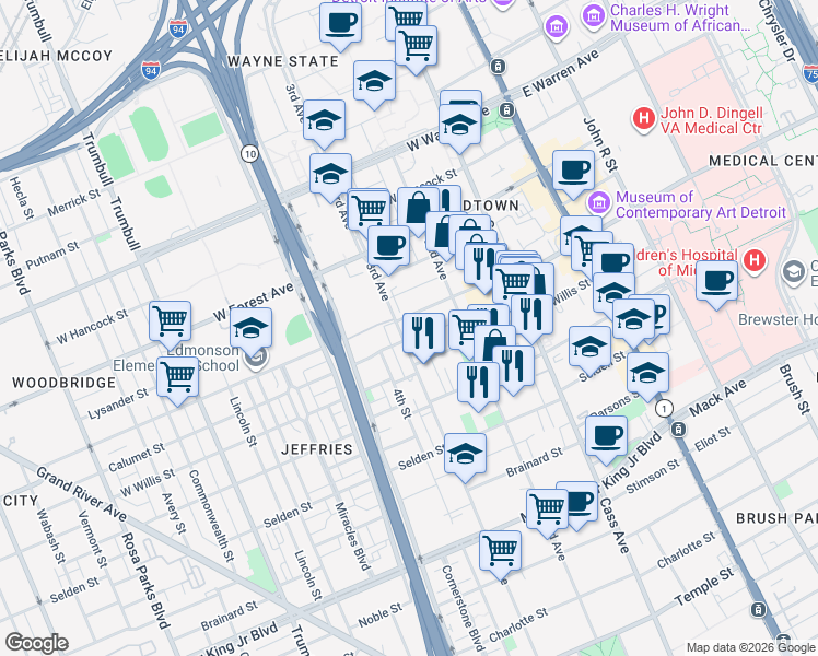 map of restaurants, bars, coffee shops, grocery stores, and more near 4255 3rd Avenue in Detroit