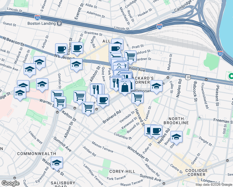 map of restaurants, bars, coffee shops, grocery stores, and more near 1277 Commonwealth Avenue in Boston