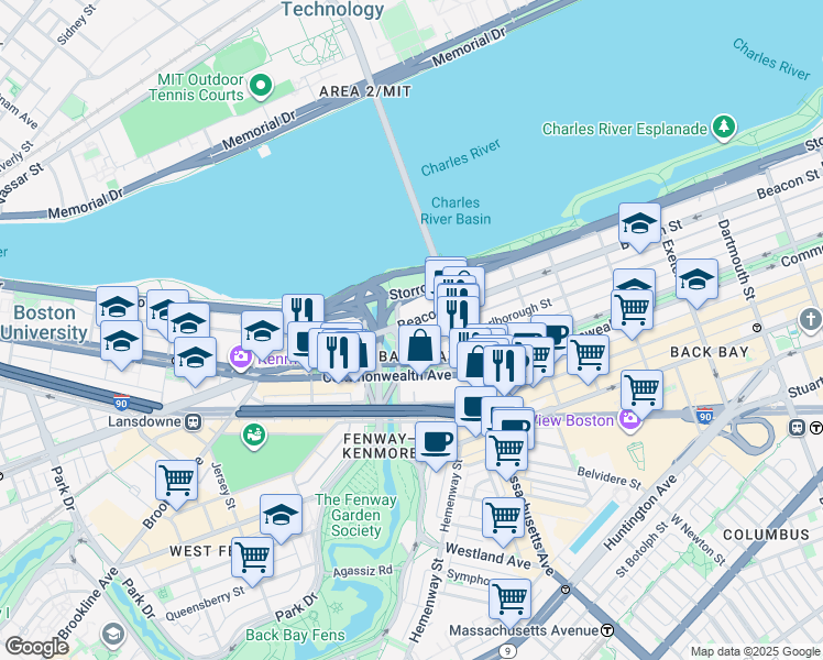 map of restaurants, bars, coffee shops, grocery stores, and more near 409 Commonwealth Avenue in Boston